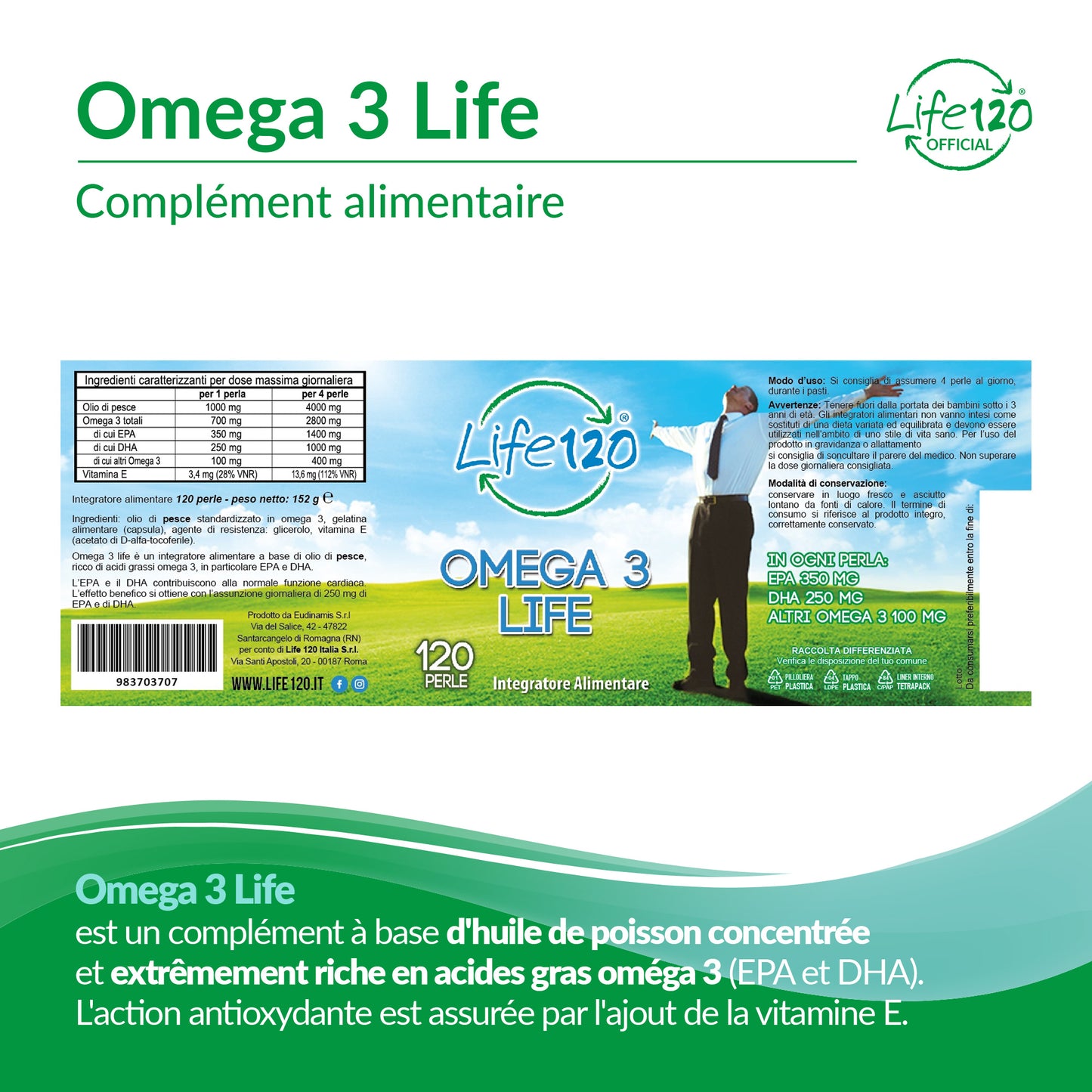 Life 120 - Omega 3 Life - 120 pearls - dietary supplement based on fish oil, rich in omega-3 fatty acids, especially EPA and DHA
